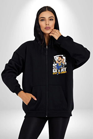 Stephen Curry Basketbol Kaz Tüylü Yastık Kadın Erkek Siyah Kapüşonlu Fermuarlı Baskılı Hırka Sweatshirt