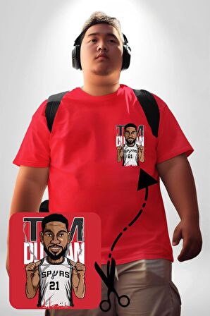 Spurs Basketbol 21 Tim Duncan Kırmızı Büyük Beden Kadın Basic Minimal Baskılı Tişört