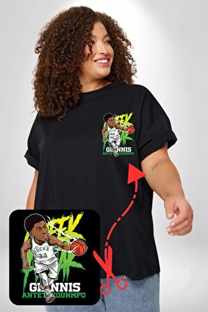 Bucks 34 Antetokounmpo Basketbol  Siyah Büyük Beden Kadın Basic Minimal Baskılı Tişört