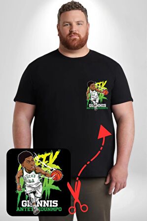 Bucks 34 Antetokounmpo Basketbol  Siyah Büyük Beden Kadın Basic Minimal Baskılı Tişört
