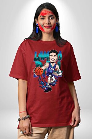 LaMelo Ball Basketbol Karikatür Pamuklu Bisiklet Yaka Kadın Erkek Oversize Boyfriend Dijital Baskılı Kırmızı T-shirt