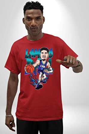 LaMelo Ball Basketbol Karikatür Pamuklu Bisiklet Yaka Kadın Erkek Oversize Boyfriend Dijital Baskılı Kırmızı T-shirt