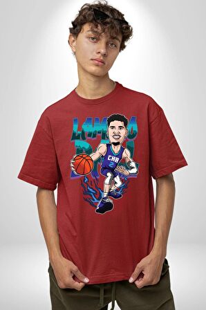 LaMelo Ball Basketbol Karikatür Pamuklu Bisiklet Yaka Kadın Erkek Oversize Boyfriend Dijital Baskılı Kırmızı T-shirt