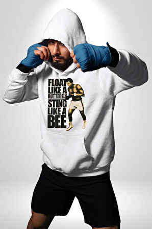 Kelebek Gibi Uçar Arı Gibi Sokarım Ali Boks Kadın Erkek  Beyaz Kapüşonlu Sweatshirt Hoodie