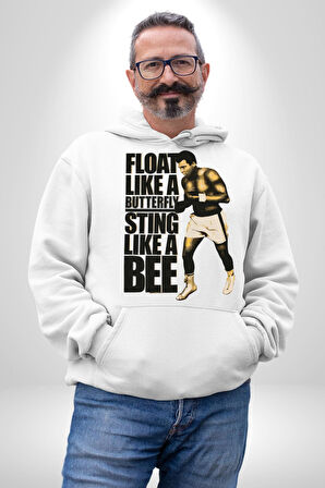 Kelebek Gibi Uçar Arı Gibi Sokarım Ali Boks Kadın Erkek  Beyaz Kapüşonlu Sweatshirt Hoodie