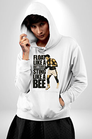 Kelebek Gibi Uçar Arı Gibi Sokarım Ali Boks Kadın Erkek  Beyaz Kapüşonlu Sweatshirt Hoodie