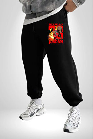 Michael Air Jordan Bulls Basketbol Karikatür 3 İplik Erkek Baskılı Siyah Eşofman Altı