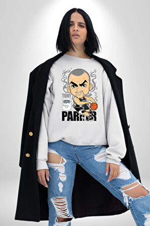 Tony Parker Spurs Basketbol Star Kadın Erkek Beyaz Sweatshirt 
