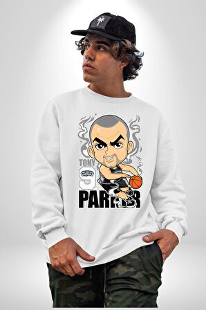 Tony Parker Spurs Basketbol Star Kadın Erkek Beyaz Sweatshirt 