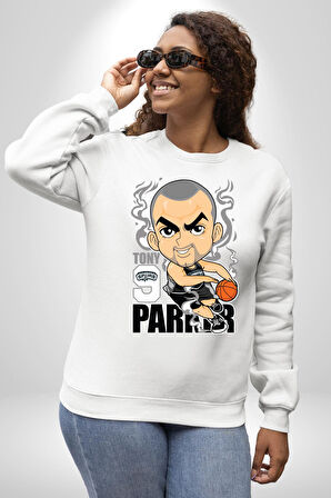 Tony Parker Spurs Basketbol Star Kadın Erkek Beyaz Sweatshirt 
