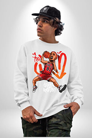 Chicago Bulls 91 Dennis Rodman Kadın Erkek Beyaz Sweatshirt 