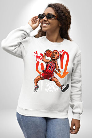 Chicago Bulls 91 Dennis Rodman Kadın Erkek Beyaz Sweatshirt 