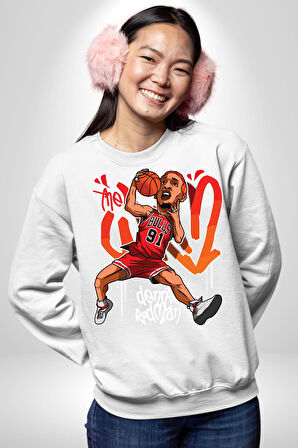 Chicago Bulls 91 Dennis Rodman Kadın Erkek Beyaz Sweatshirt 