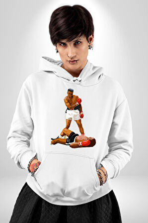 Muhammed Ali’nin En Meşhur Fotoğrafı Kadın Erkek  Beyaz Kapüşonlu Sweatshirt Hoodie