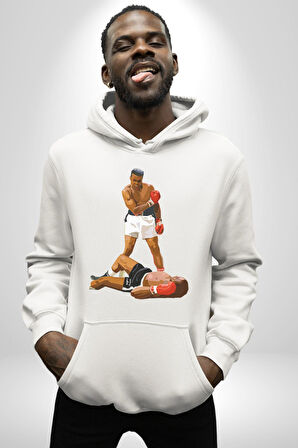 Muhammed Ali’nin En Meşhur Fotoğrafı Kadın Erkek  Beyaz Kapüşonlu Sweatshirt Hoodie