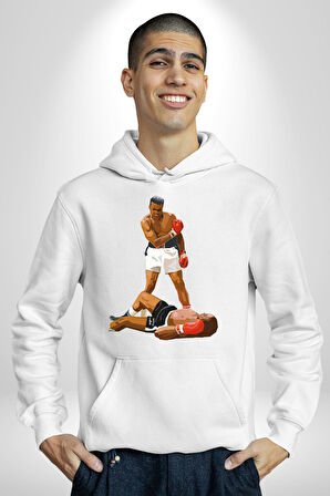 Muhammed Ali’nin En Meşhur Fotoğrafı Kadın Erkek  Beyaz Kapüşonlu Sweatshirt Hoodie