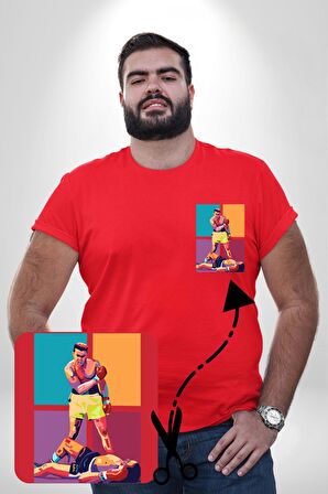 Muhammed Ali Boks Ayağa Kalk ve Dövüş Kırmızı Büyük Beden Kadın Basic Minimal Baskılı Tişört