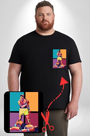 Muhammed Ali Boks Ayağa Kalk ve Dövüş Siyah Büyük Beden Kadın Basic Minimal Baskılı Tişört