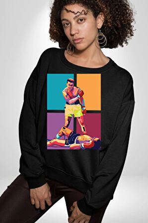 Muhammed Ali Boks Ayağa Kalk ve Dövüş Kadın Erkek Siyah Sweatshirt 