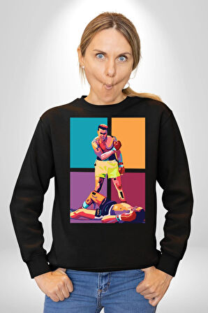 Muhammed Ali Boks Ayağa Kalk ve Dövüş Kadın Erkek Siyah Sweatshirt 