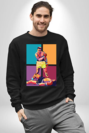 Muhammed Ali Boks Ayağa Kalk ve Dövüş Kadın Erkek Siyah Sweatshirt 