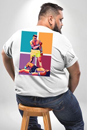Muhammed Ali Boks Ayağa Kalk ve Dövüş Büyük Beden Beyaz Tişört Kadın Erkek Ünisex Sırt Baskılı