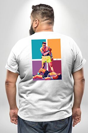 Muhammed Ali Boks Ayağa Kalk ve Dövüş Büyük Beden Beyaz Tişört Kadın Erkek Ünisex Sırt Baskılı
