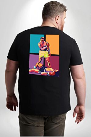Muhammed Ali Boks Ayağa Kalk ve Dövüş Büyük Beden Siyah Tişört Kadın Erkek Ünisex Sırt Baskılı