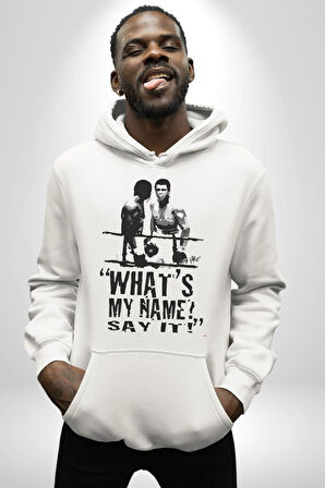 Muhammed Ali Benim Adım Ne ? Boks Kadın Erkek  Beyaz Kapüşonlu Sweatshirt Hoodie