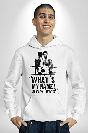 Muhammed Ali Benim Adım Ne ? Boks Kadın Erkek  Beyaz Kapüşonlu Sweatshirt Hoodie