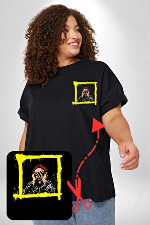 Fantastik Sanatsal Yeni Nesil Kırmızı Bere El İle Dürbün Siyah Büyük Beden Kadın Basic Minimal Baskılı Tişört