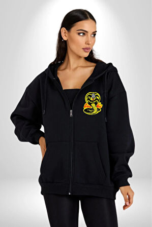 Cobra Kai Karete Çocuk Yılan Logo Dizi Kadın Erkek Siyah Kapüşonlu Fermuarlı Baskılı Hırka Sweatshirt