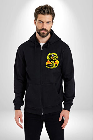 Cobra Kai Karete Çocuk Yılan Logo Dizi Kadın Erkek Siyah Kapüşonlu Fermuarlı Baskılı Hırka Sweatshirt