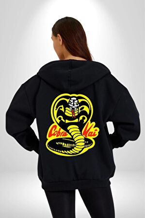 Cobra Kai Karete Çocuk Yılan Logo Dizi Kadın Erkek Siyah Kapüşonlu Fermuarlı Baskılı Hırka Sweatshirt