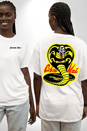 Cobra Kai Karete Çocuk Yılan Logo Dizi Beyaz Oversize Kadın Erkek Ön ve Sırt Baskılı Tişört