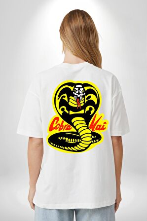 Cobra Kai Karete Çocuk Yılan Logo Dizi Beyaz Oversize Kadın Erkek Ön ve Sırt Baskılı Tişört