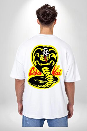 Cobra Kai Karete Çocuk Yılan Logo Dizi Beyaz Oversize Kadın Erkek Ön ve Sırt Baskılı Tişört