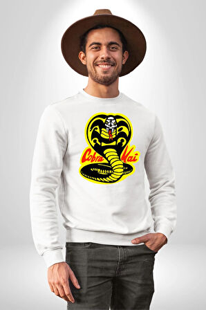 Cobra Kai Karete Çocuk Yılan Logo Dizi Kadın Erkek Beyaz Sweatshirt 