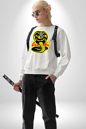 Cobra Kai Karete Çocuk Yılan Logo Dizi Kadın Erkek Beyaz Sweatshirt 