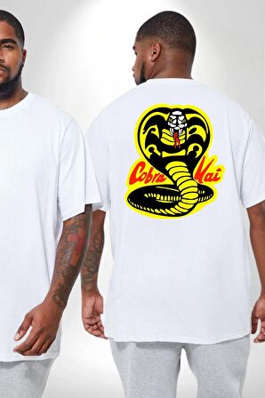 Cobra Kai Karete Çocuk Yılan Logo Dizi Büyük Beden Beyaz Tişört Kadın Erkek Ünisex Sırt Baskılı