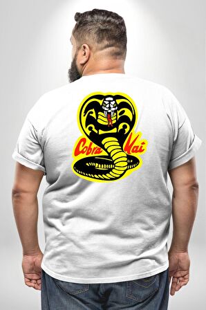 Cobra Kai Karete Çocuk Yılan Logo Dizi Büyük Beden Beyaz Tişört Kadın Erkek Ünisex Sırt Baskılı