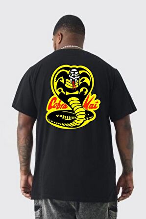 Cobra Kai Karete Çocuk Yılan Logo Dizi Büyük Beden Siyah Tişört Kadın Erkek Ünisex Sırt Baskılı