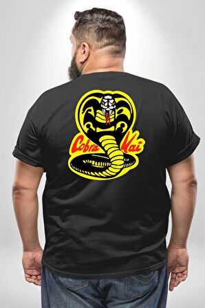 Cobra Kai Karete Çocuk Yılan Logo Dizi Büyük Beden Siyah Tişört Kadın Erkek Ünisex Sırt Baskılı