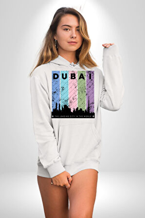 Dubai Şehir Silüeti Renkli Şehir Kadın Erkek  Beyaz Kapüşonlu Sweatshirt Hoodie