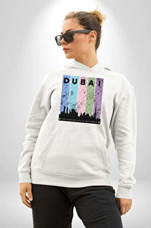 Dubai Şehir Silüeti Renkli Şehir Kadın Erkek  Beyaz Kapüşonlu Sweatshirt Hoodie