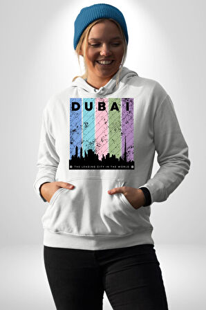 Dubai Şehir Silüeti Renkli Şehir Kadın Erkek  Beyaz Kapüşonlu Sweatshirt Hoodie
