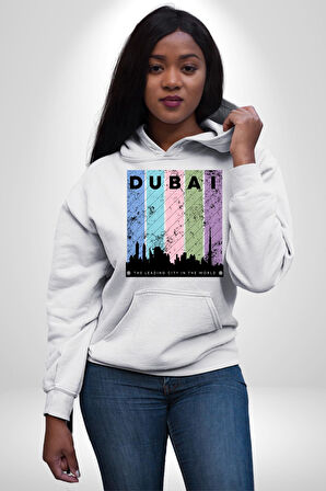 Dubai Şehir Silüeti Renkli Şehir Kadın Erkek  Beyaz Kapüşonlu Sweatshirt Hoodie