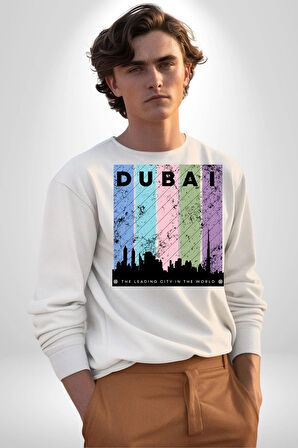 Dubai Şehir Silüeti Renkli Şehir Kadın Erkek Beyaz Sweatshirt 