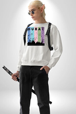 Dubai Şehir Silüeti Renkli Şehir Kadın Erkek Beyaz Sweatshirt 