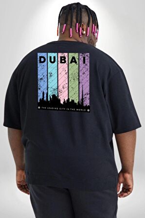 Dubai Şehir Silüeti Renkli Şehir Büyük Beden Siyah Tişört Kadın Erkek Ünisex Sırt Baskılı